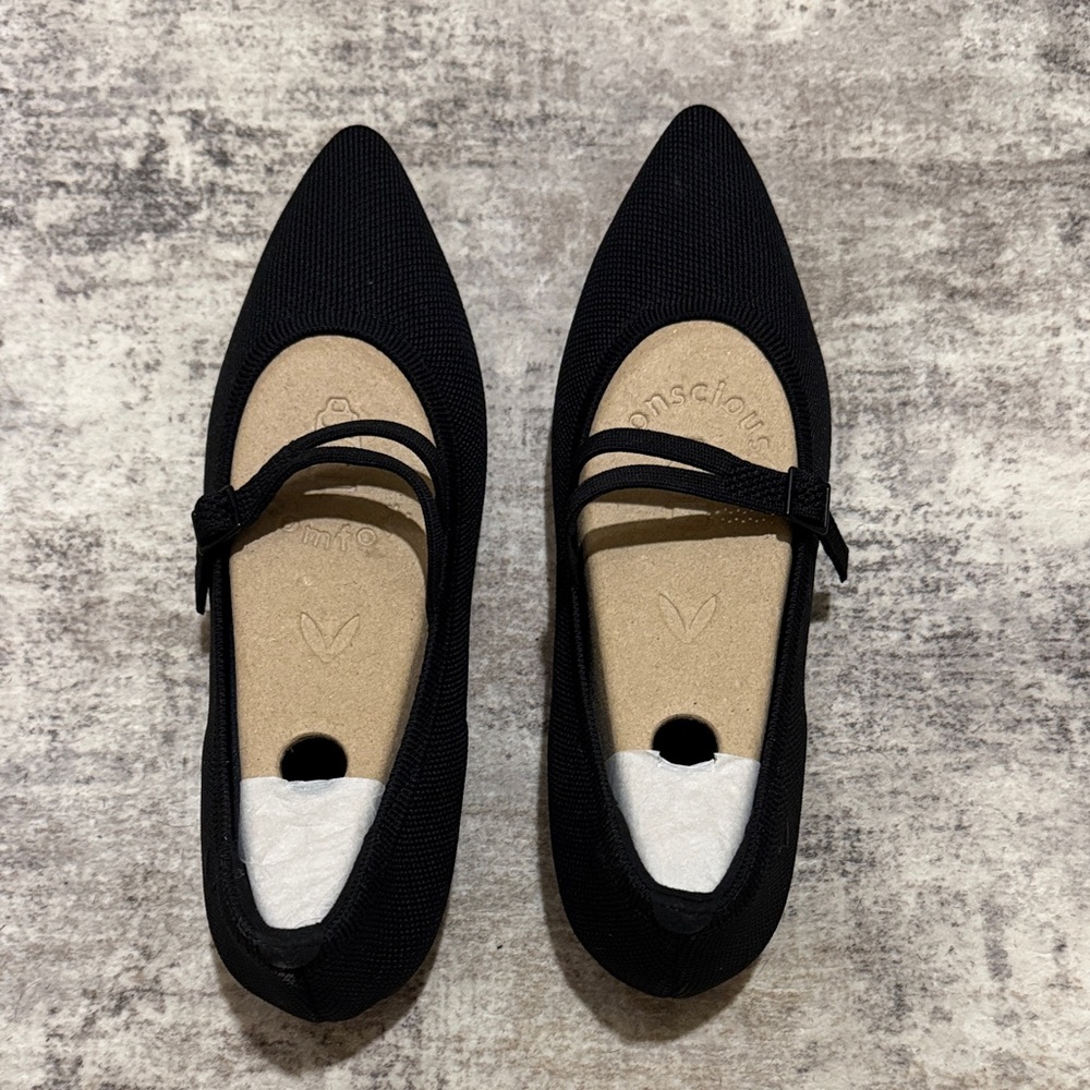 Women's Black Pointed Mary Jane Flats with Dual Straps